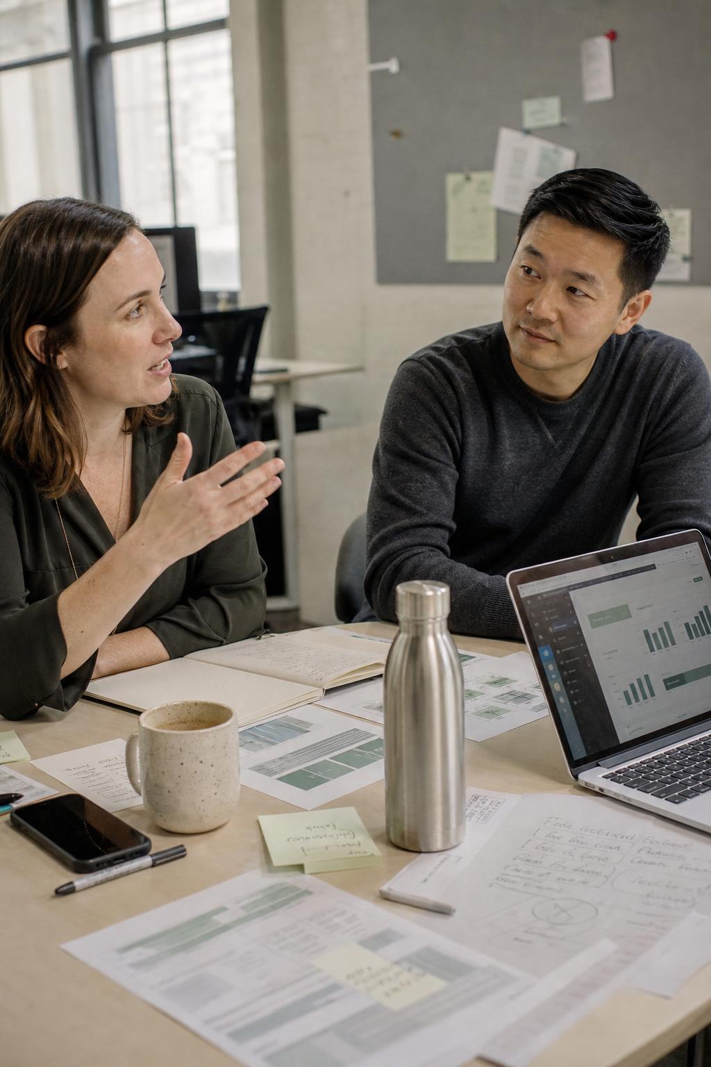 Professionnel·les diverses interprétant ensemble des rapports d'analyse organisationnelle.