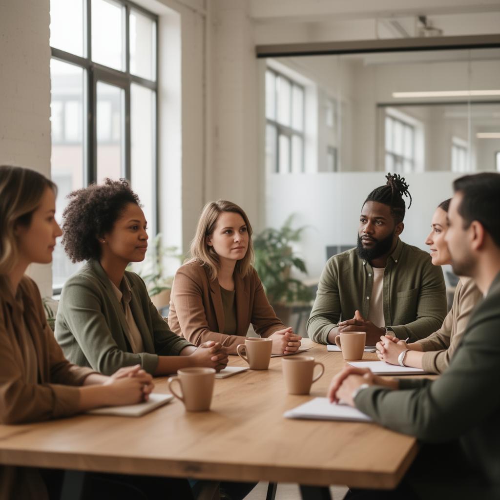 Équipe mixte en discussion autour d'une table en bois, lumière naturelle